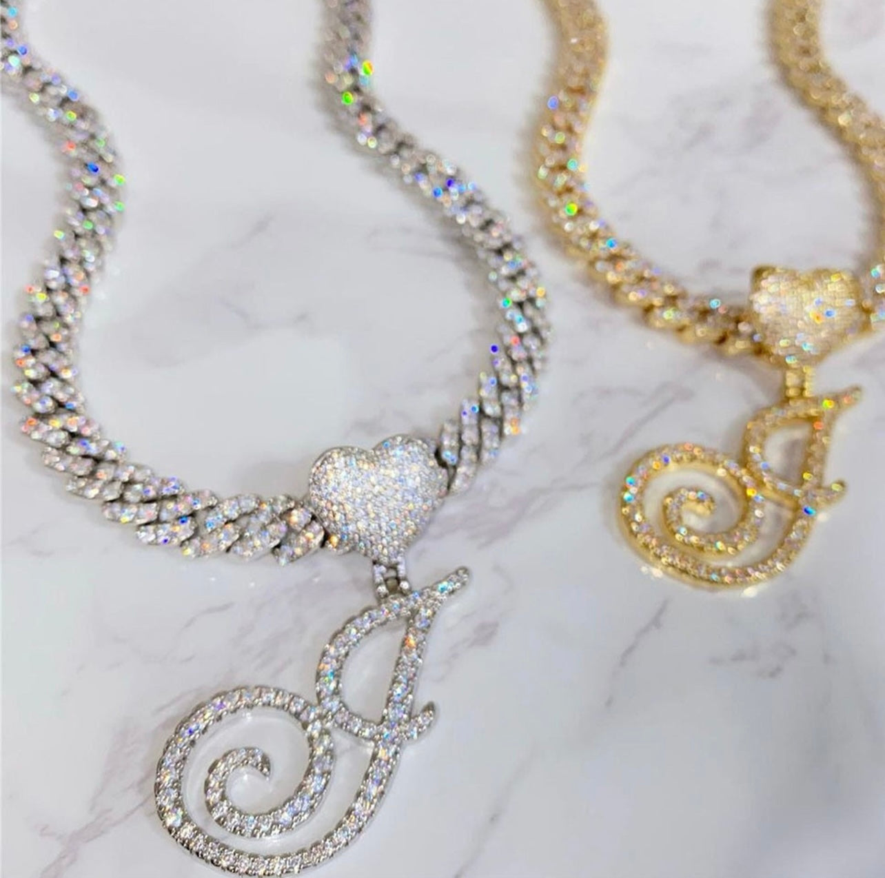 Iced out Diamond Initial Heart Necklace Micro Pave Neclace