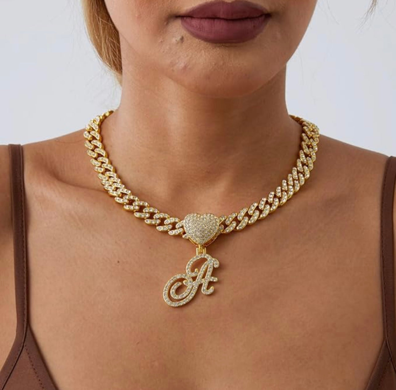 Iced out Diamond Initial Heart Necklace Micro Pave Neclace