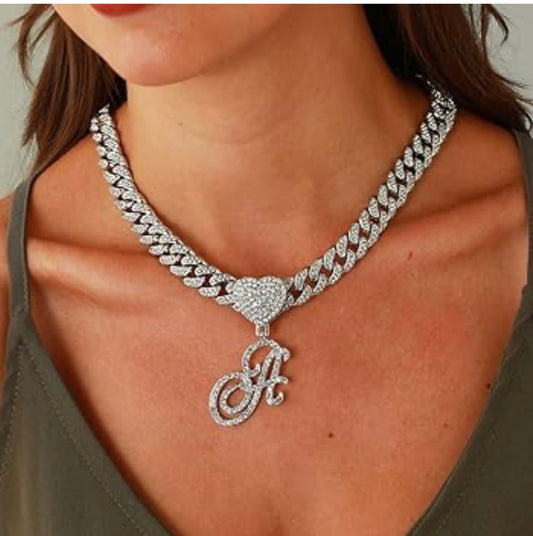 Iced out Diamond Initial Heart Necklace Micro Pave Neclace